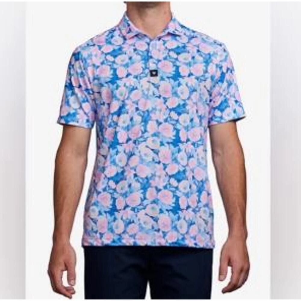 Bad Birdie Blue Floral Parrot Golf Polo Performance Shirt Mens Size M